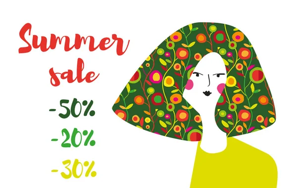 Sommerschlussverkauf Banner Mit Mädchen Und Blumen Muster Retro Design Vektorgrafische — Stockvektor