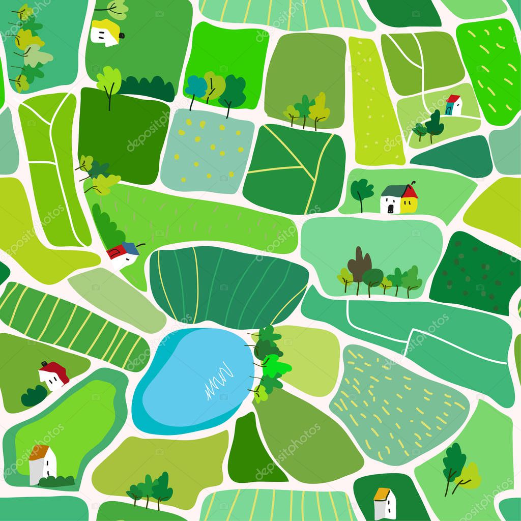 Landscape seamless pattern for the countryside, with houses and roads, top view. Vector graphic illustration