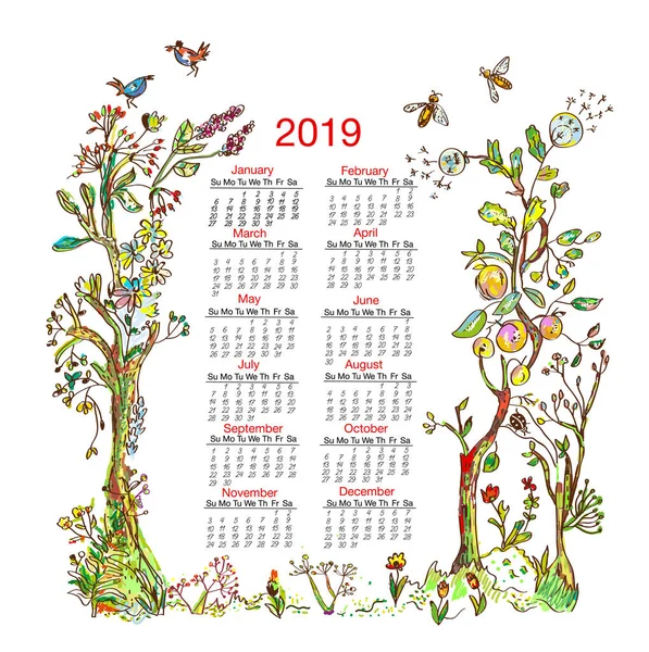Календарь 2019 Элементами Рамы Природы Деревьями Цветами Птицами Пчелами Векторная — стоковый вектор