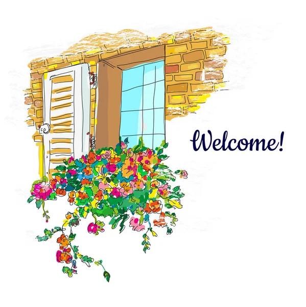 Window Flowers Box Welcome Card Sketchy Design Vector Graphic Illustration — Stock Vector