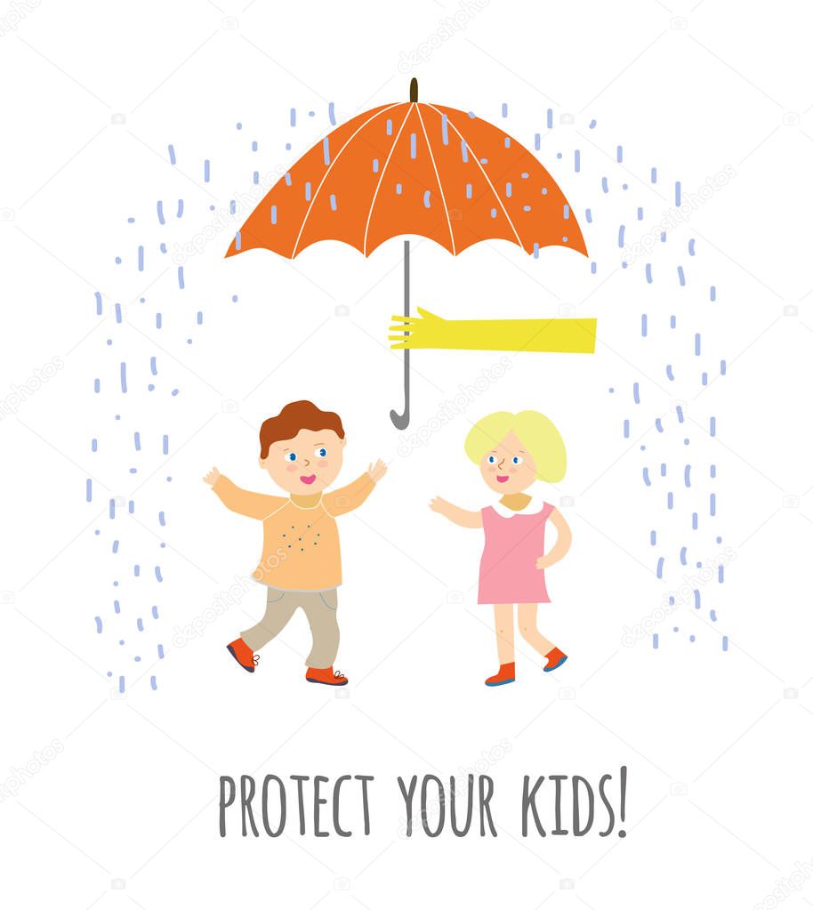 Protect your children concept illustration with kids and umbrella, vector graphic