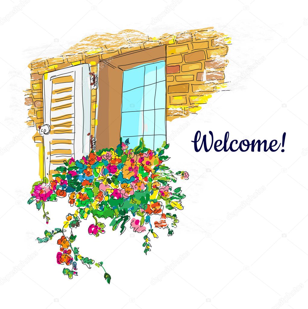 Window and flowers box welcome card, sketchy design. Vector graphic illustration