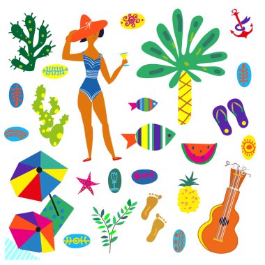 Beach Icons set, komik parlak tasarım, vektör grafik illüstrasyon