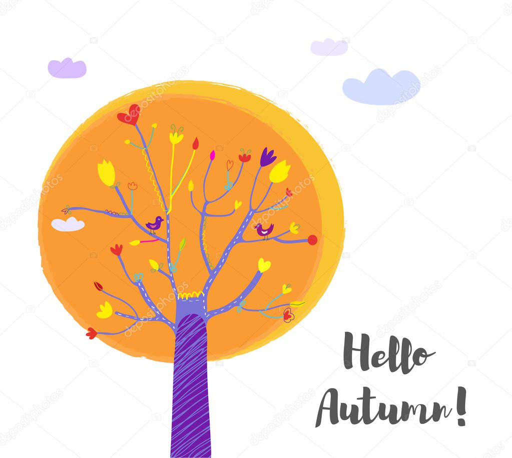 Autumn tree and sky background for the card, vector graphic illustration