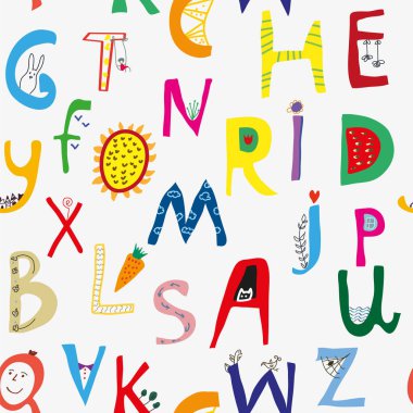 Komik alfabe çocuklar, sevimli deisgn için seamless modeli. Vektör grafik illüstrasyon