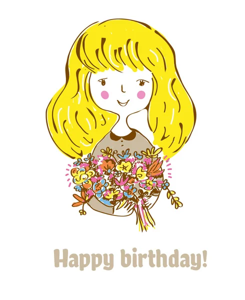 Biglietto Compleanno Con Ragazza Fiori Bambino Grafica Stile Retrò Illustrazione — Vettoriale Stock