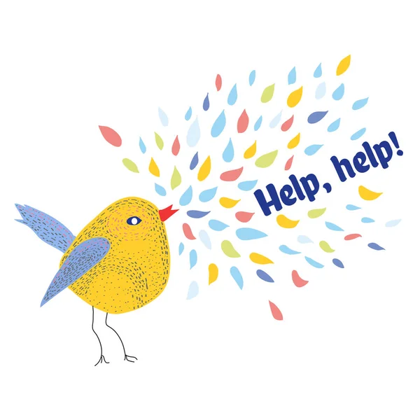 Bitte Hilfekarte Mit Vogel Und Text Vektorgrafische Illustration — Stockvektor