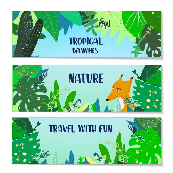 Bannières Tropicales Avec Plantes Animaux Illustration Graphique Vectorielle — Image vectorielle