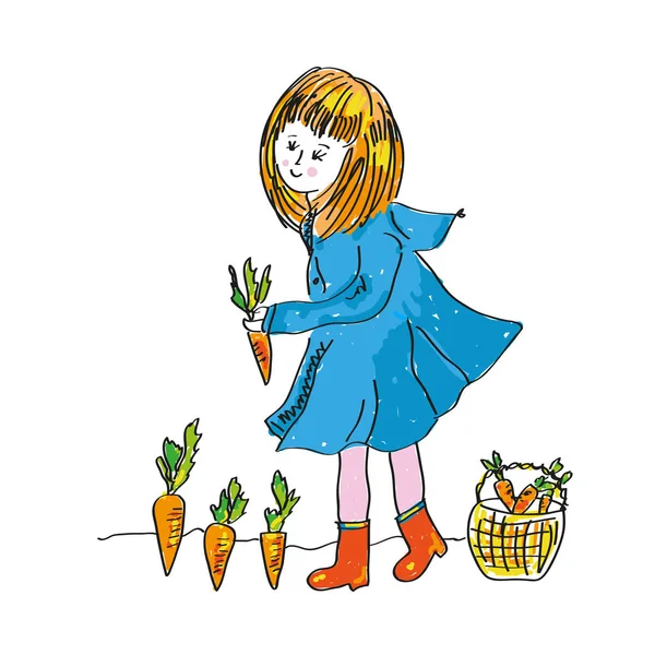 女孩和胡萝卜收获 可爱的园艺的幻色 矢量图形 — 图库矢量图片