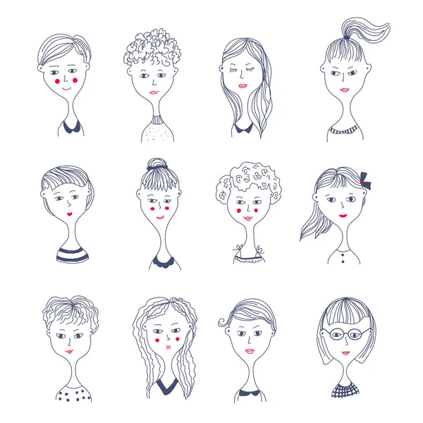 Girls Faces Avatar Set Doodle Style Vector Graphic Illustration — Stock Vector