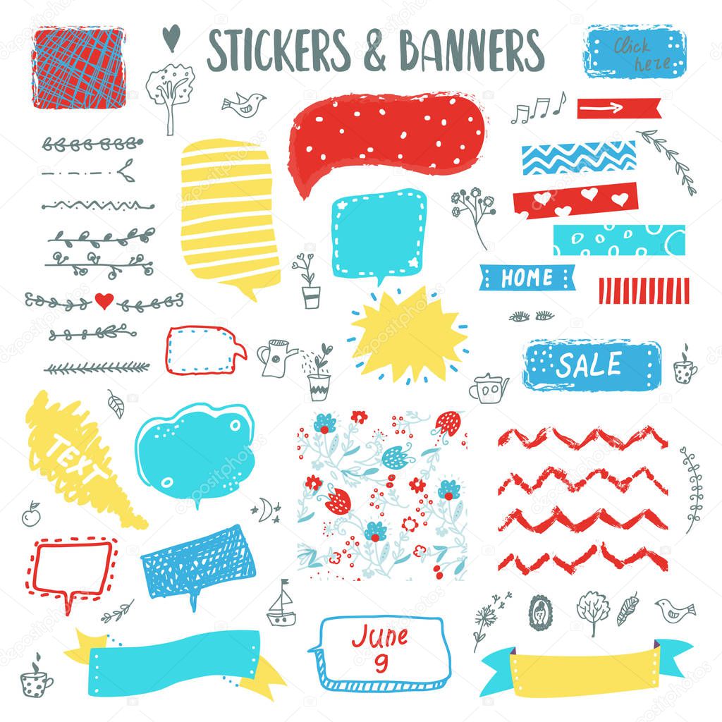 Banners and stickers funny doodle set with sketch elements. Vector graphic illustration