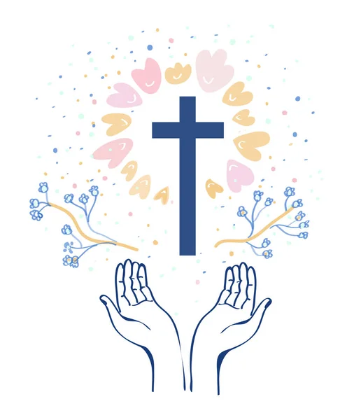 Cristianismo Religião Fundo Com Mãos Oração Cruz Flores Redor Ilustração —  Vetores de Stock