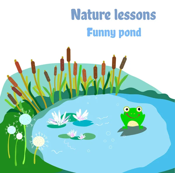 Pond Frog Flowers Illustration Nature Ecosystem Vector Graphic — Stock Vector