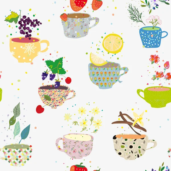 Teetassen Nahtlose Muster Mit Vielen Arten Retro Stil Vektorgrafische Illustration — Stockvektor