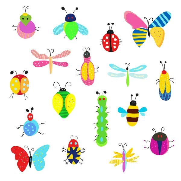 Käfer Und Andere Insekten Lustiges Set Niedliches Design Vektorgrafische Illustration — Stockvektor