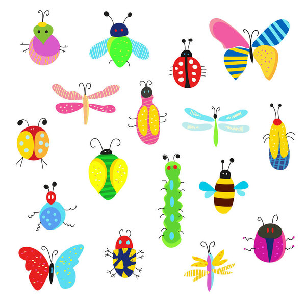 Bugs and other insects funny set, cute design. Vector graphic illustration