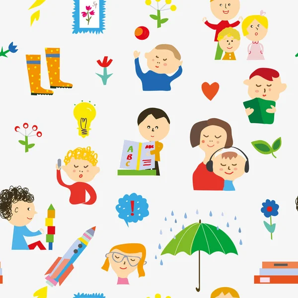 Jardin Enfants Motif Sans Couture Avec Enfants Jouets Activités Illustration — Image vectorielle
