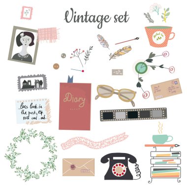 Vintage yazar için çok sayıda nesne ile ayarla ve blog yazısı. Vektör grafik illüstrasyon