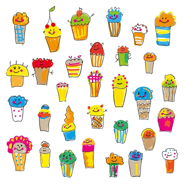 Cupcakes Divertente Set Design Abbozzato Stile Cartone Animato Illustrazione Grafica — Vettoriale Stock