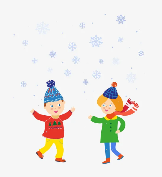 Kids Playing Winter Snow Scene Vector Graphic Illustration — Stock Vector