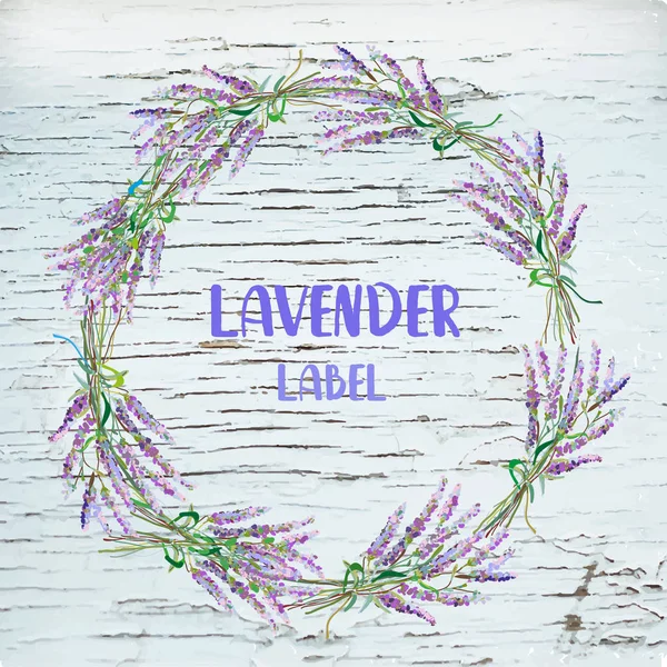 Lavender Background Wreath Wood Label Card Poster Vector Graphic Illustration — Stock Vector