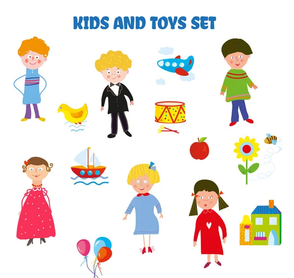 子供とおもちゃ面白いかわいいスタイルで設定 ベクトル図 — ストックベクタ