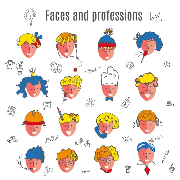 Faces Avatars Set Many Professions Vector Illustration Set — Stock Vector