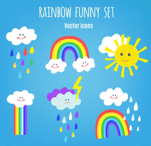 Icone Divertenti Con Arcobaleno Pioggia Bambini Illustrazione Grafica Vettoriale — Vettoriale Stock