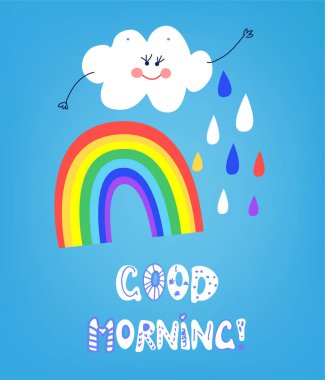 Gökkuşağı Günaydın kartı ile mutlu gülümseme. Vektör grafik illüstrasyon
