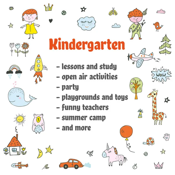 Announcement Kindergarten Background Funny Doodles Vector Graphic Illustration — Stock Vector