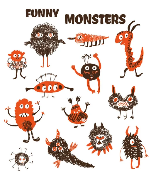 Monsters Funny Collection Doodle Style Vector Graphic Illustration — Stock Vector