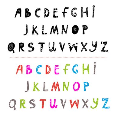 Alfabe el komik seti çizilmiş. Vektör grafik illüstrasyon