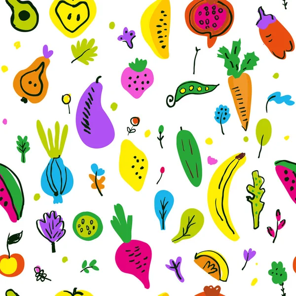 Λαχανικά Και Φρούτα Χωρίς Ραφές Αστεία Πρόχειρη Σχεδίαση Απεικόνιση Διανυσματικών — Διανυσματικό Αρχείο