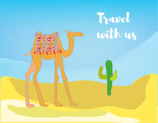 Reisehintergrund Mit Wüste Und Kamel Vektorgrafische Illustration — Stockvektor