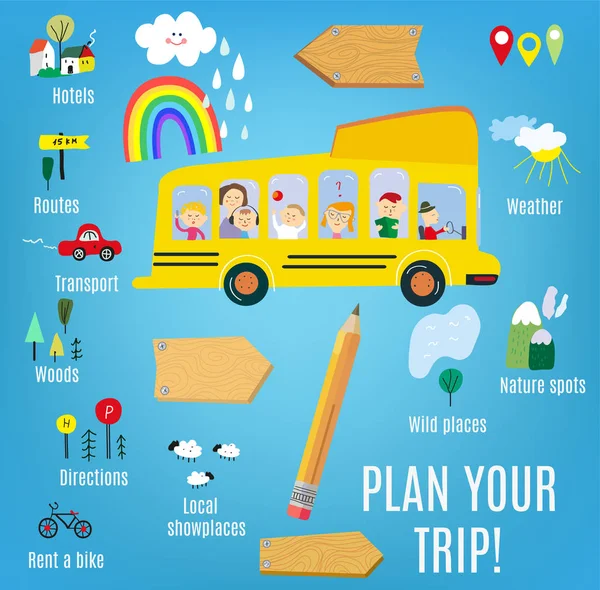 Trip Plan Elementen Set Met Pictogrammen Achtergronden Vector Afbeelding Illustratie — Stockvector