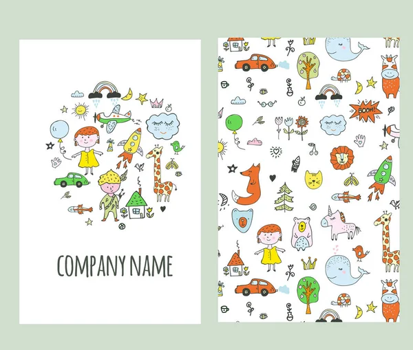 Cartão Empresa Design Para Crianças Com Ícones Padrão Ilustração Gráfica — Vetor de Stock