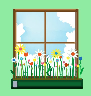 Pencere ve çiçek kutusu baharda. Vektör grafik illüstrasyon