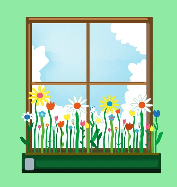 Fenster Und Blumenkasten Frühling Vektorgrafische Illustration — Stockvektor