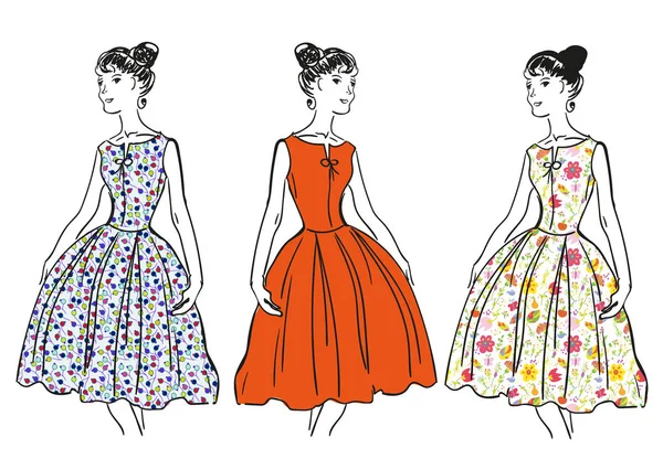 Menina Retro Vestidos Moda Com Padrões Ilustração Gráfica Vetorial —  Vetores de Stock