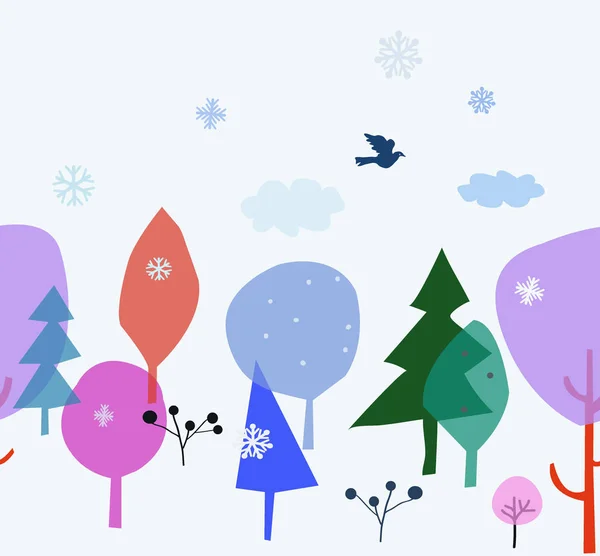 Zimowa scena z drzewami, śniegiem i ptakami — Wektor stockowy