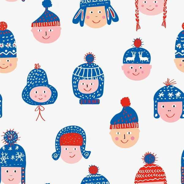 子供や帽子とシームレスな冬のパターン ベクトルグラフィックイラスト — ストックベクタ