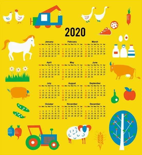 Calendário 2020 Para Agricultura Agricultores Ilustração Gráfica Vetorial —  Vetores de Stock