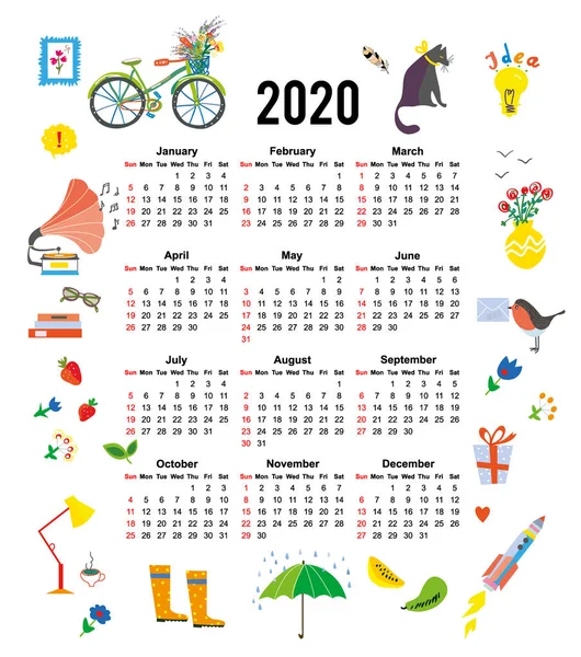 Calendário 2020 Com Objetos Domésticos Bonitos Estilo Vida Ilustração Gráfica —  Vetores de Stock