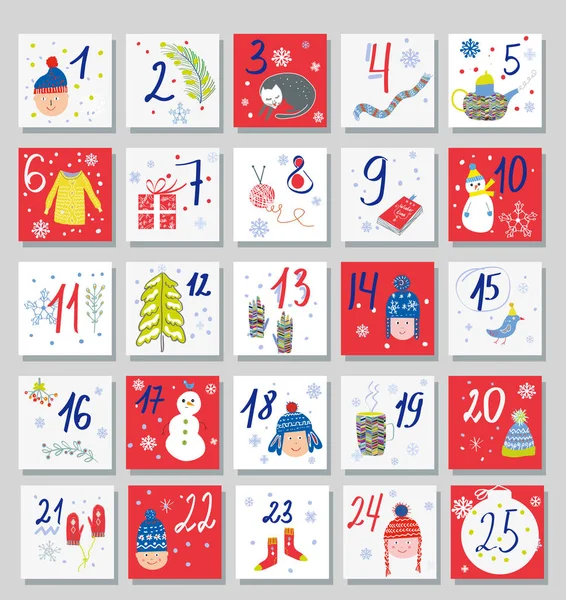 Advent Calendar Funny Cards Kids Vector Graphic Illustration — Stock Vector