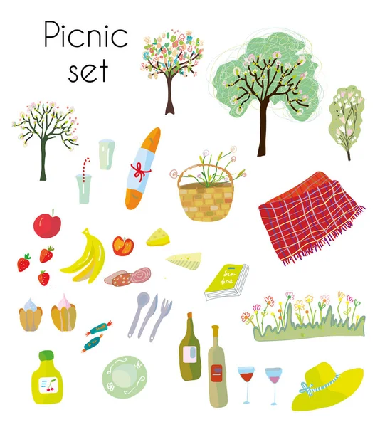 Picnic Conjunto Con Objetos Divertidos Vector Ilustración — Archivo Imágenes Vectoriales