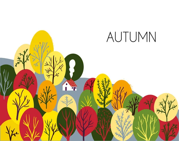 Autumn Landscape Trees House Banner Greeting Card Cute Design Vector — Stock Vector