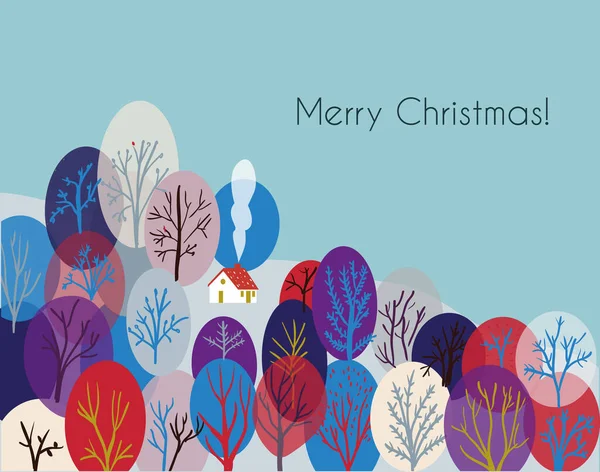 森や家の木々とクリスマスグリーティングカード 冬休みのための素敵なデザイン ベクトルグラフィックイラスト — ストックベクタ