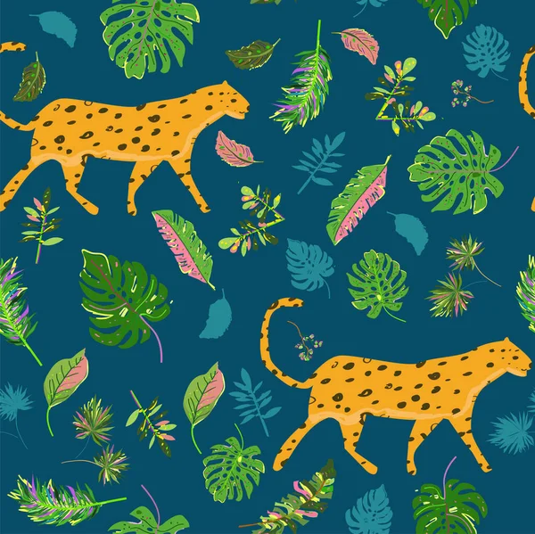 Patrón Tropical Leopardo Sin Costuras Con Hojas Flores Ilustración Gráfica — Archivo Imágenes Vectoriales