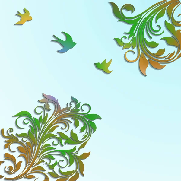 Kağıt Çiçekler Kuşlar Ile Soyut Çiçek Renkli Vektör Arka Plan — Stok Vektör