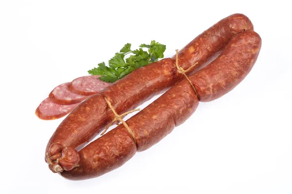 Wurst Mit Grün Auf Isoliertem Studiohintergrund — Stockfoto